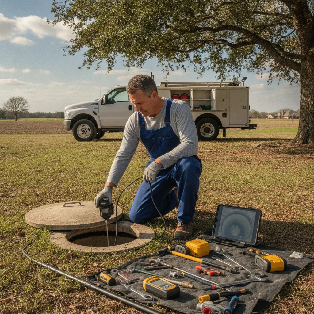 Plumber in blue overalls inspecting a septic tank with diagnostic equipment and tools.