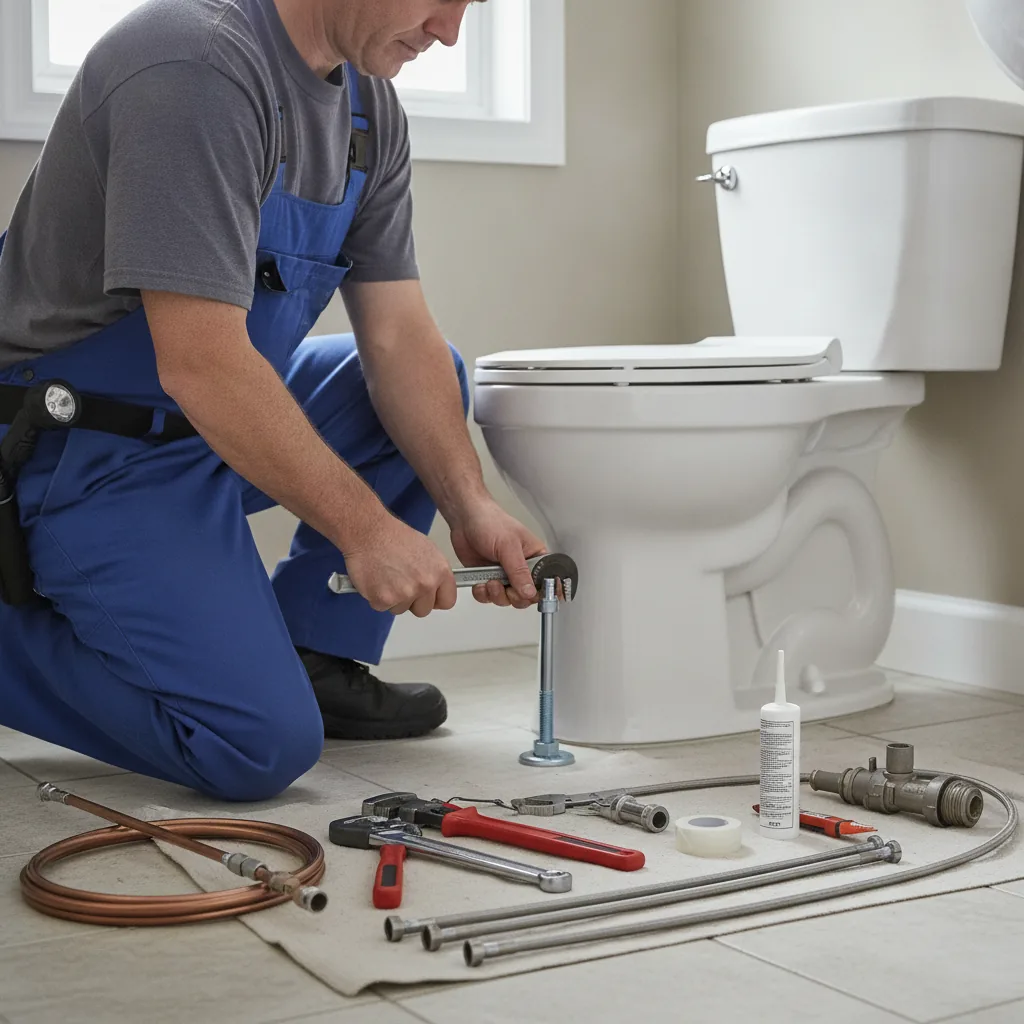 Plumber in blue overalls repairing a toilet with wrenches and tools laid out on the floor.