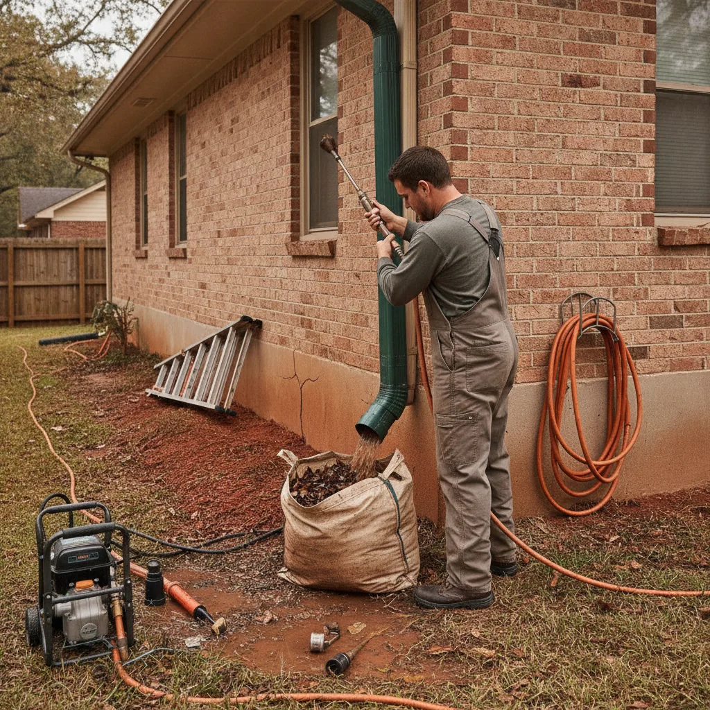 Plumber cleaning gutters and downspout on brick home exterior.
