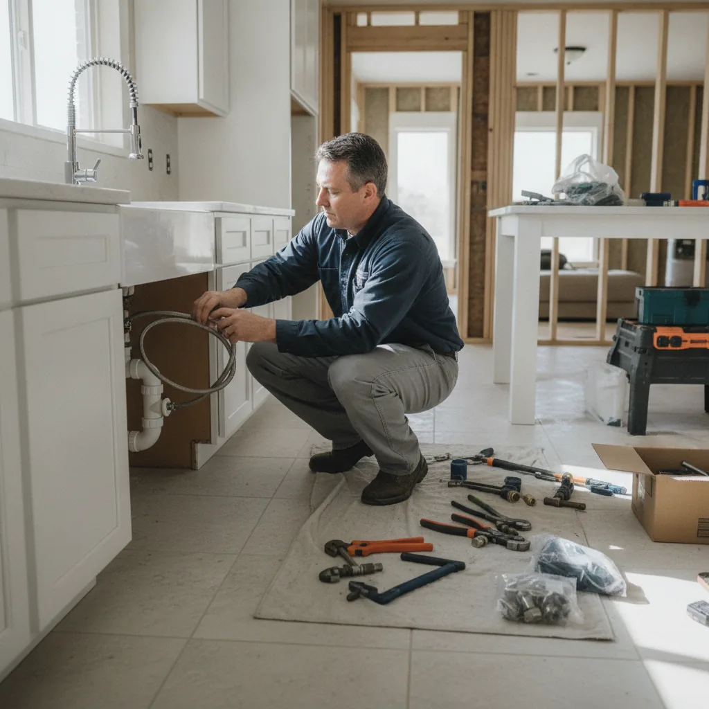 Plumber crouching under kitchen sink while installing plumbing fixtures with tools laid out on floor.