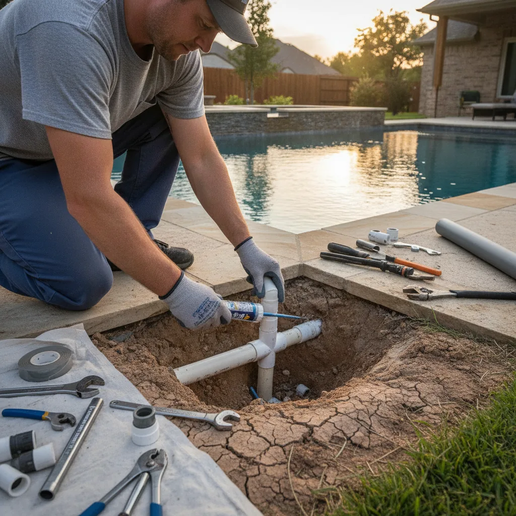 Plumber in gray shirt applying sealant to white PVC pipes in ground excavation near residential pool.