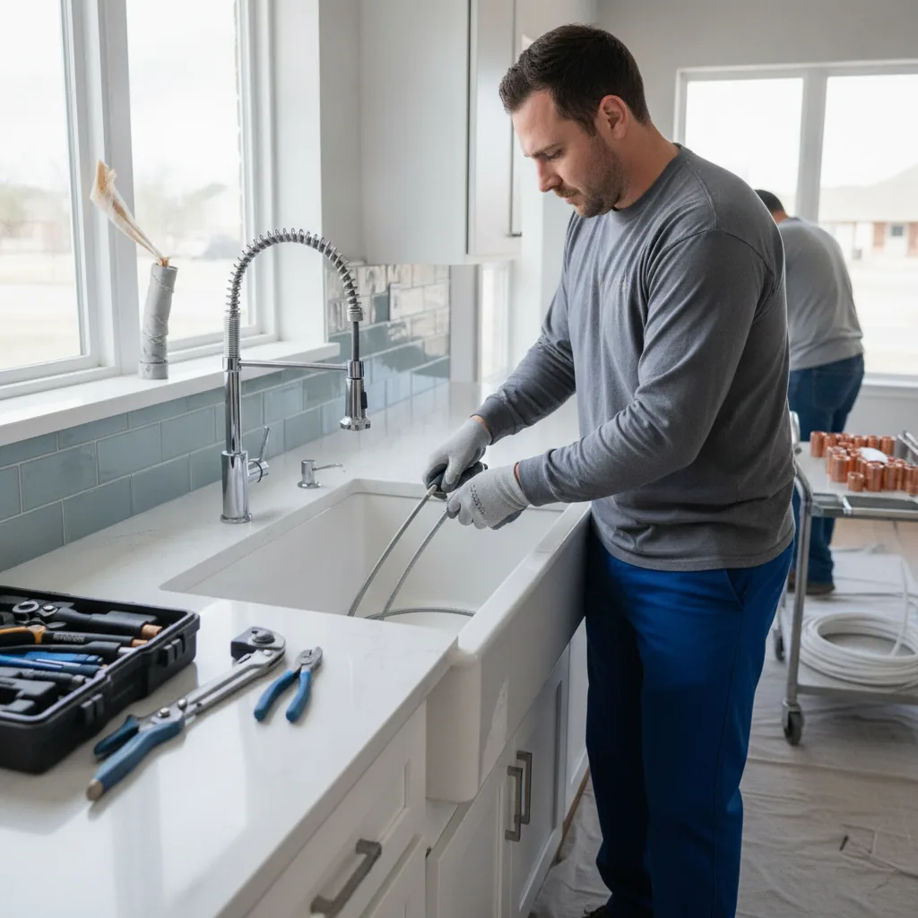 Plumber installing a kitchen faucet in a modern white sink with subway tile backsplash.