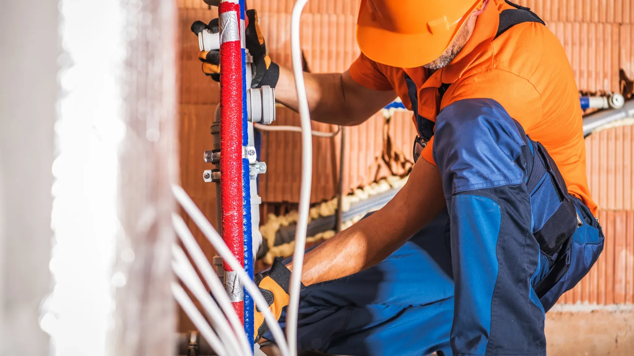 A skilled plumber in safety gear installs red and blue PEX water supply lines during a residential plumbing installation proj