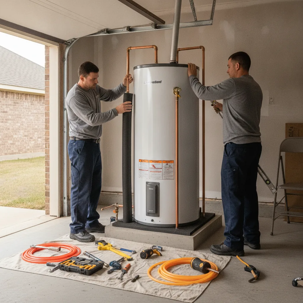Two plumbers install a water heater tank with copper piping in a garage.